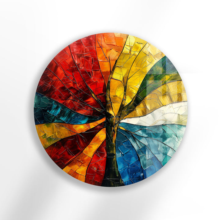 Multicolor abstract tree round glass wall art
