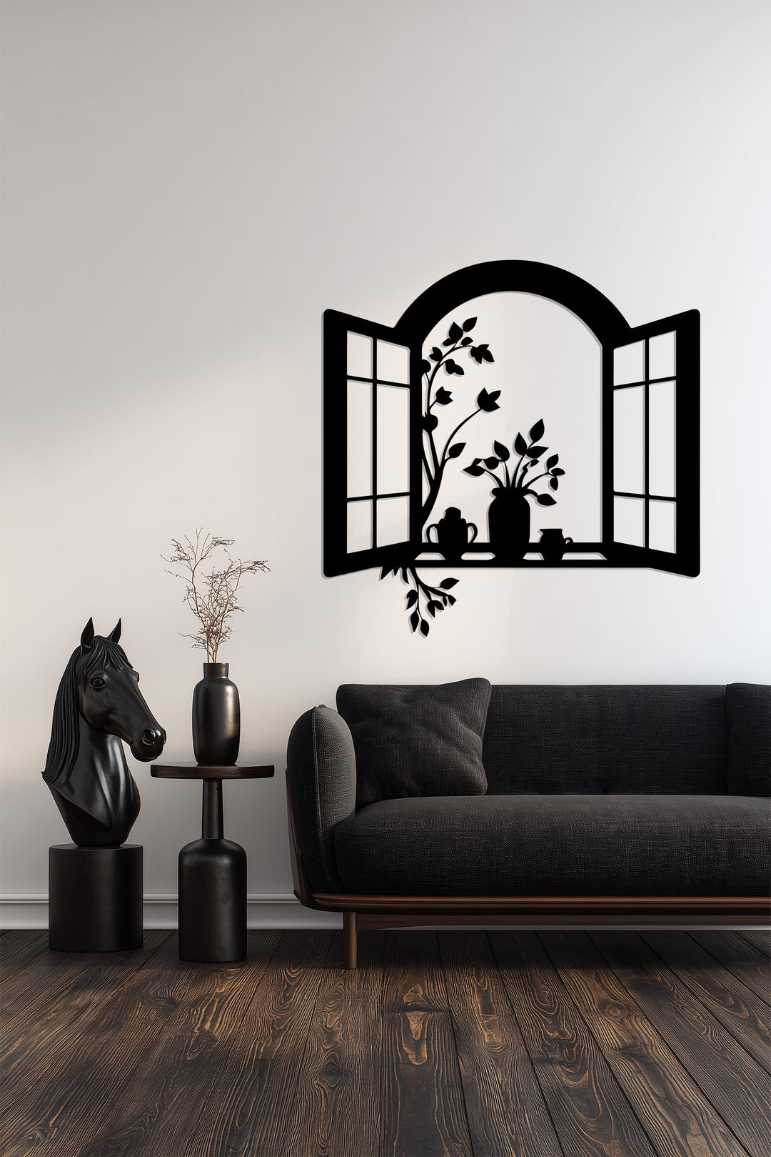Window Frame with Flower Pots – Elegant Metal Wall Art