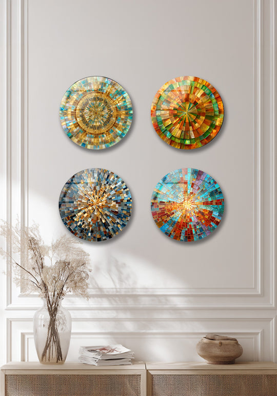 Radiant mosaic glass wall art features colorful patterns and turquoise and golden tones and it is modern round wall decor
