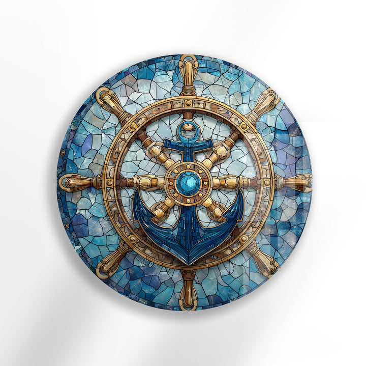 Nautical Helm & Anchor – Round Glass Wall Art