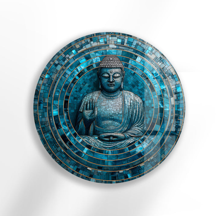 Tranquil Mosaic Buddha – Round Glass Wall Art