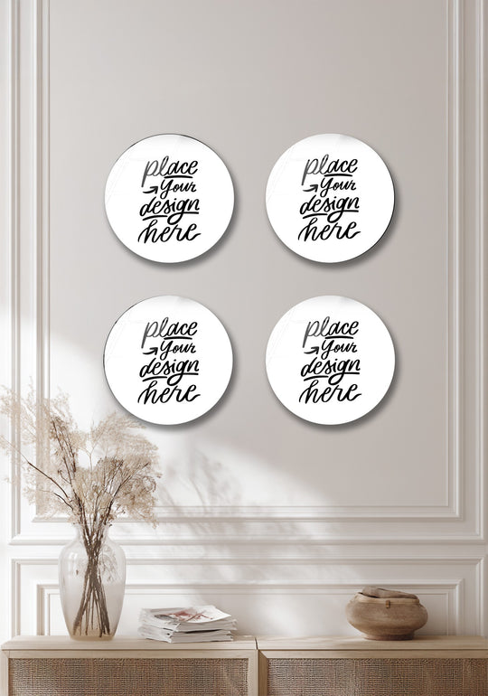 Round set glass wall art shows custom photos and personalized elegance and is a unique wall decor and artistic gift idea on a wall