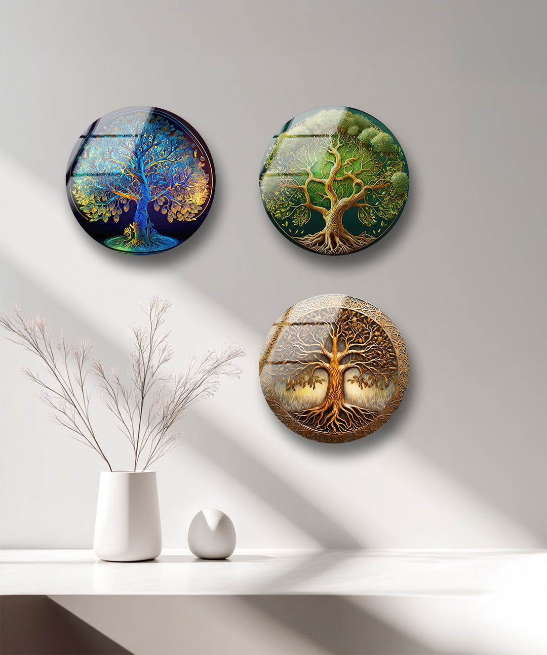 Modern glass wall art with golden and green trees