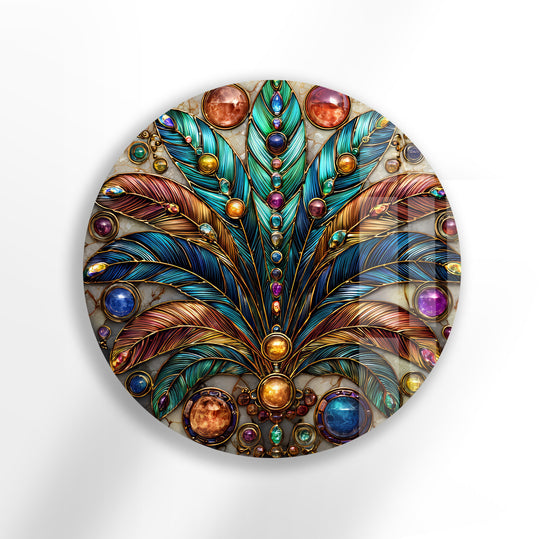 The central subject showcases jewel of the tropics round wall decor in a stunning feather and gemstone design, exemplifying the best glass art for an opulent statement.
