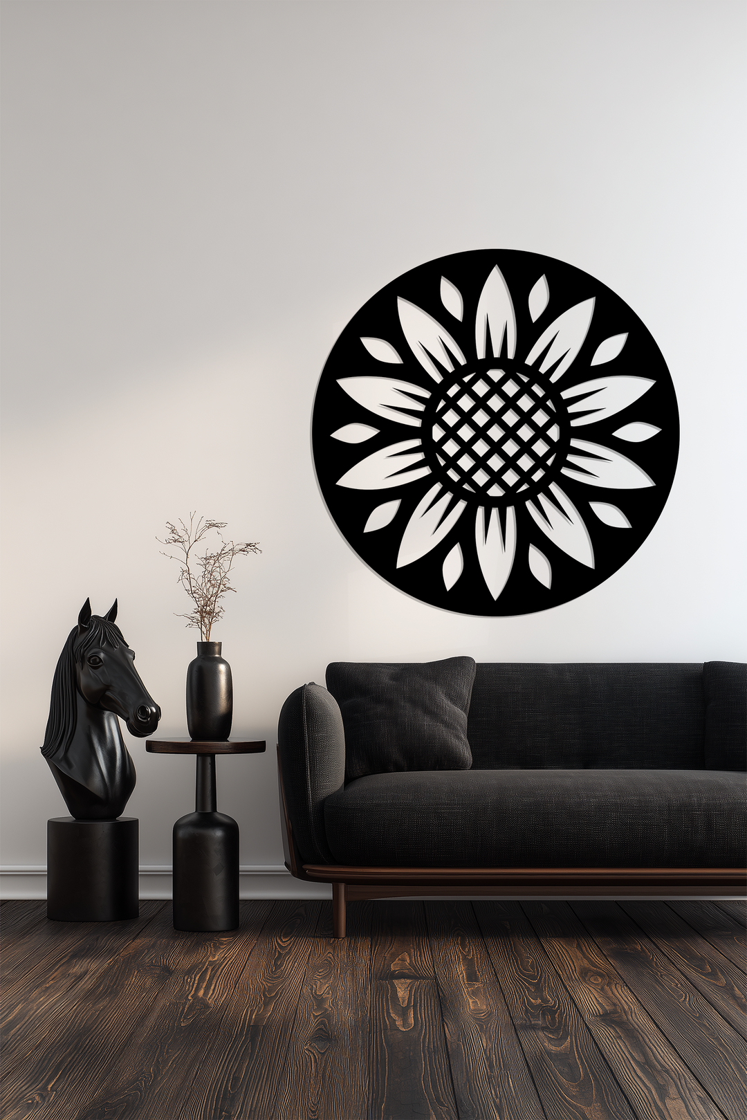 Highlighting the realistic detail, this black metal artwork showcases a round sunflower pattern, adding a modern, floral touch to the wall with its intricate metal artwork.