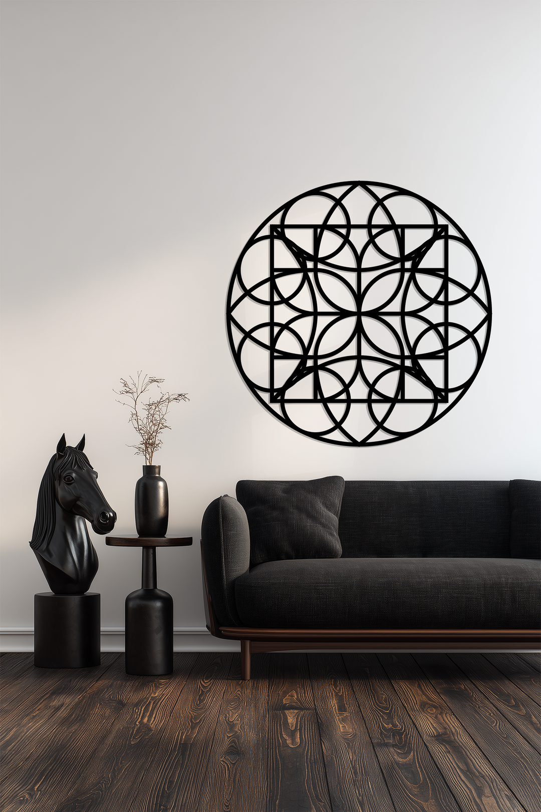 Negative space enhances the geometric circle grid in this striking black metal art for wall, creating a visually appealing balance of solid form and open air.