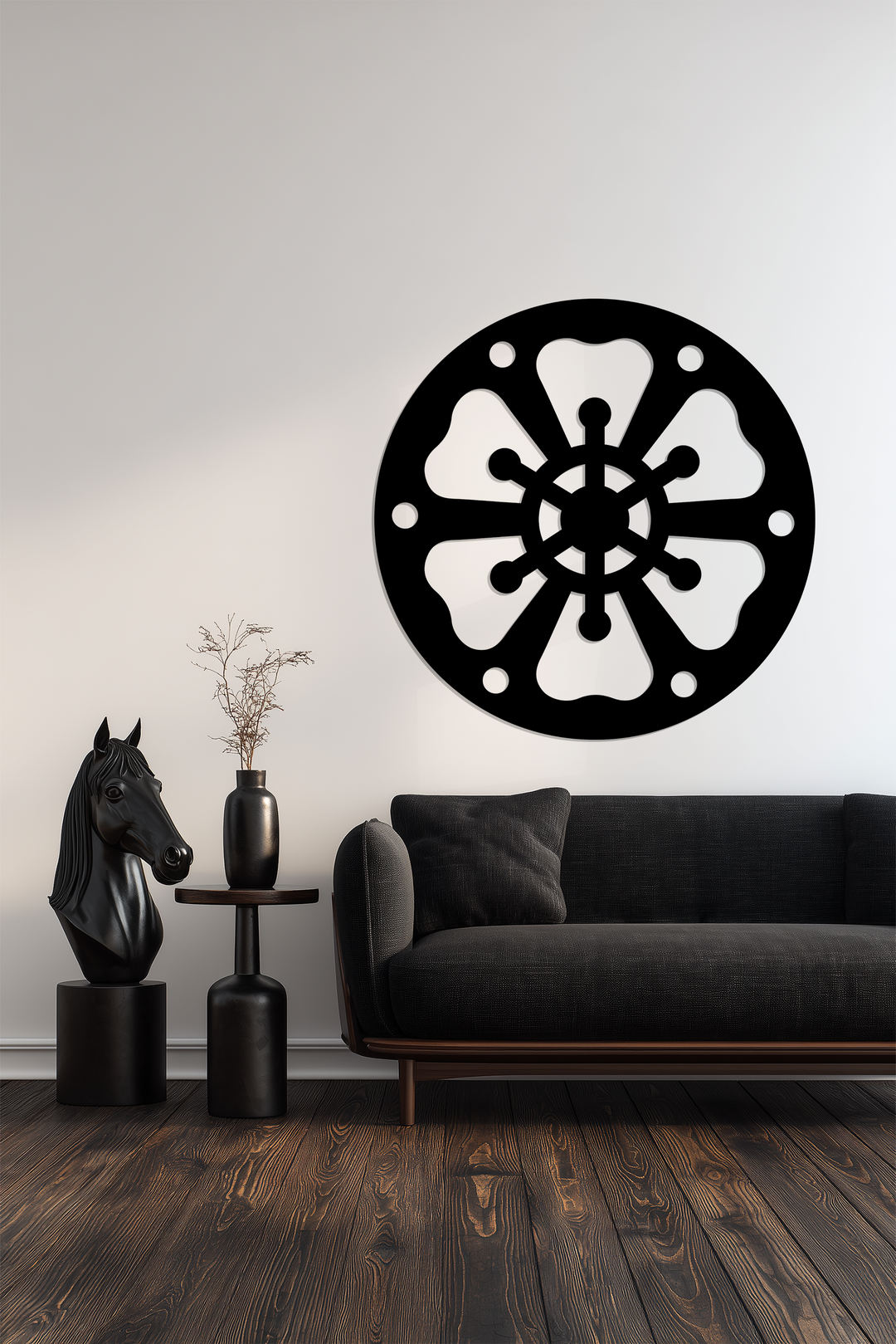 Highlighting the darkest area, this black abstract wheel pattern embodies modern metal art for wall, enhancing a minimalist interior with its bold, circular design.