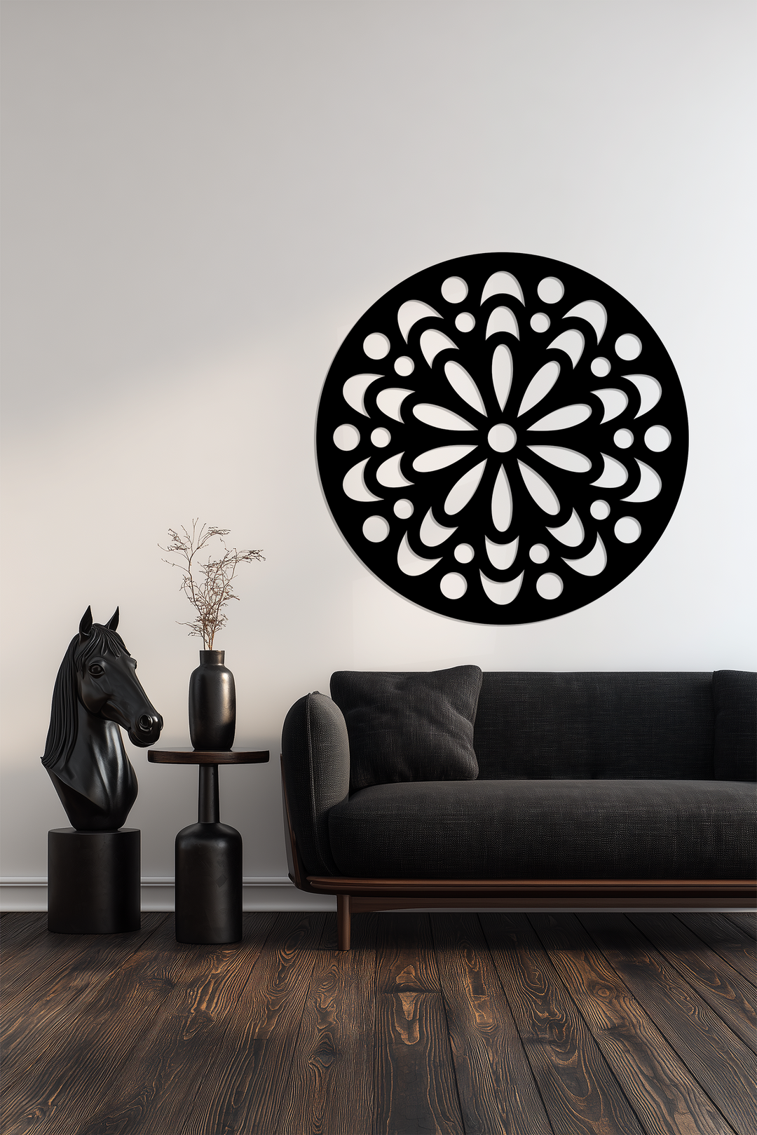 Horizontally oriented, the round decoration wall art features a striking floral mandala design in a black metal finish.
