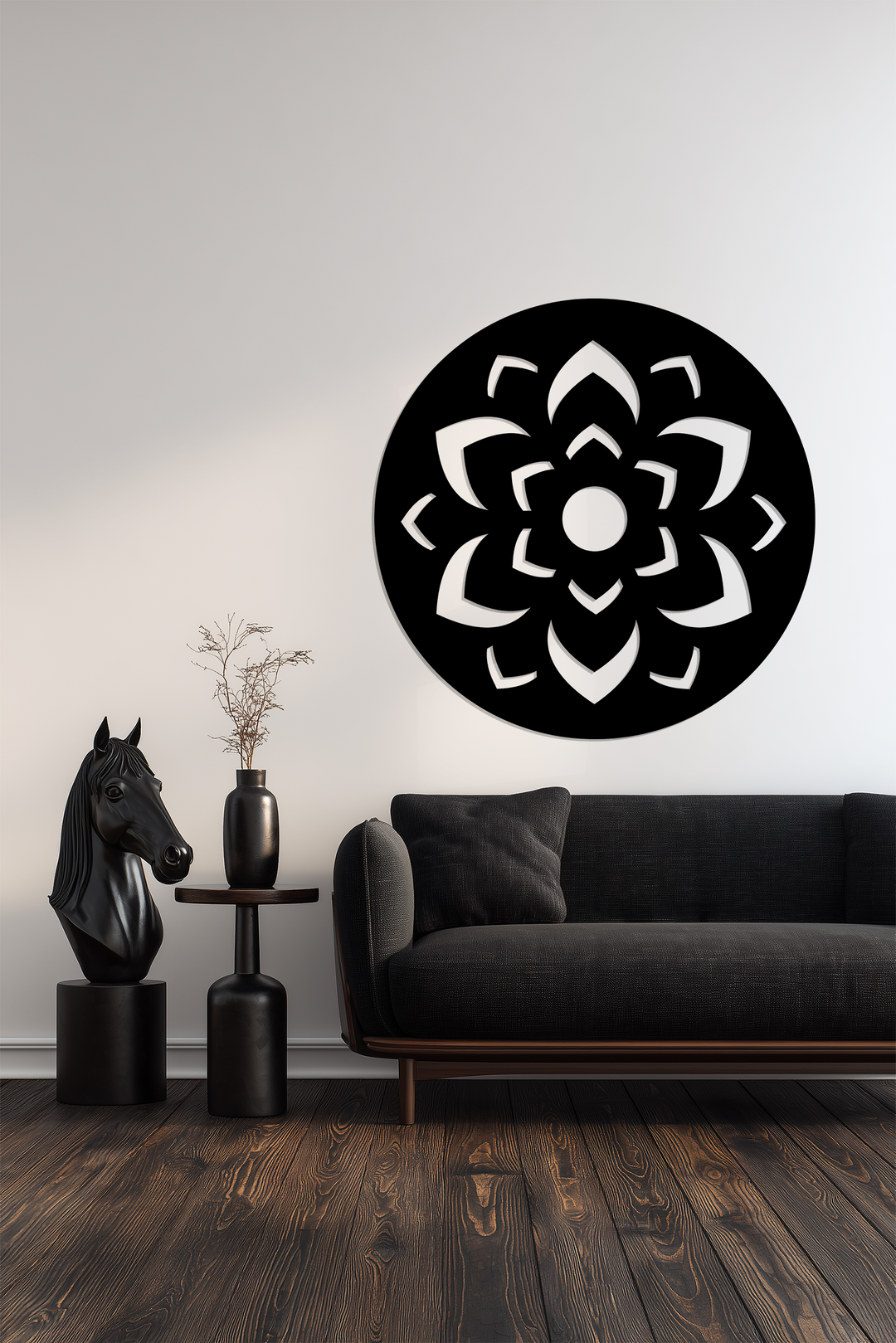 With depth and layers, the lotus mandala pattern round black metal art for wall creates a mesmerizing focal point in home decoration.