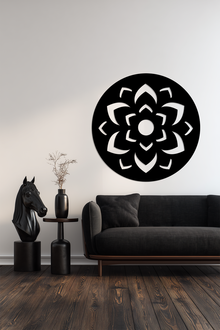 With depth and layers, the lotus mandala pattern round black metal art for wall creates a mesmerizing focal point in home decoration.