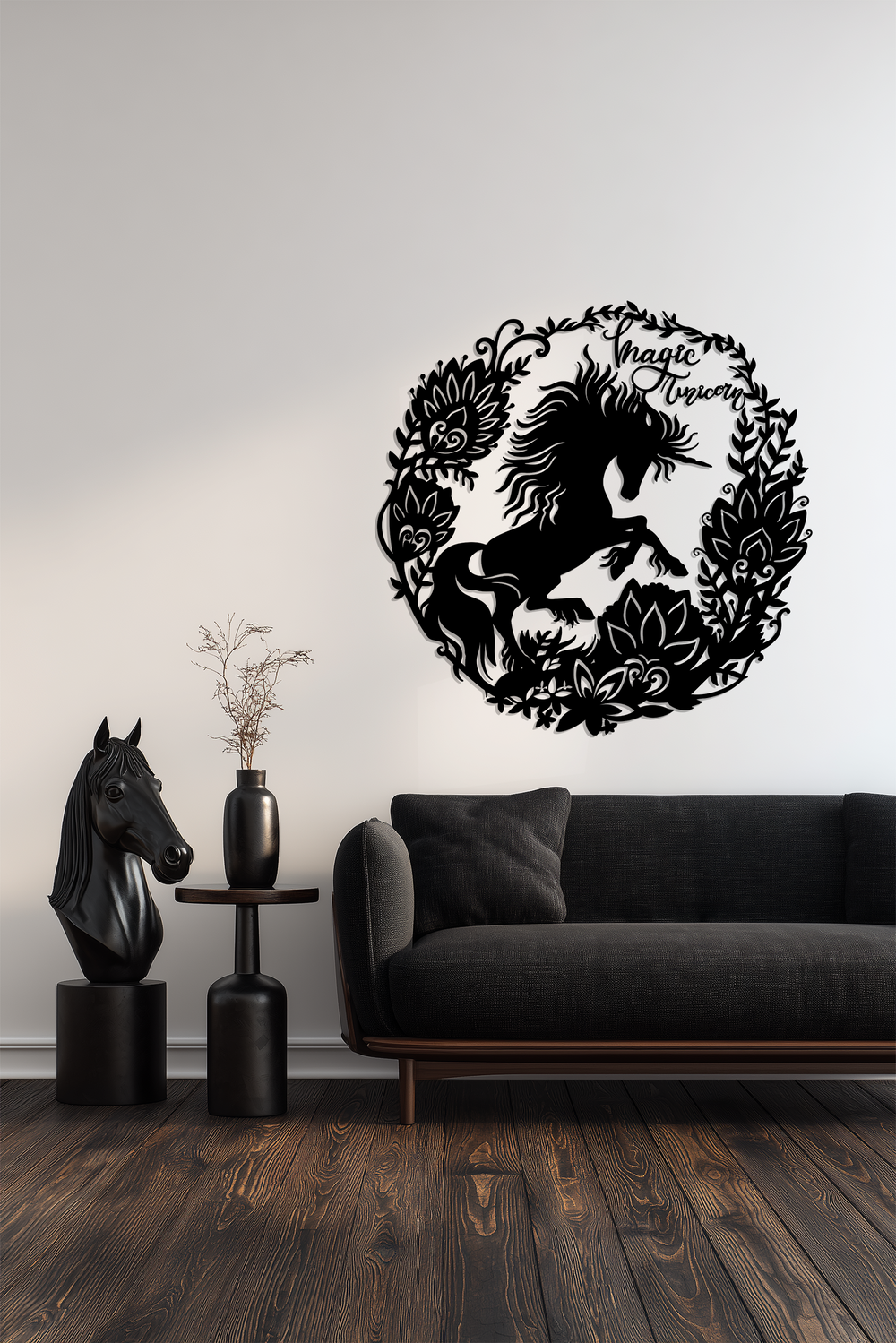 Highlighting the layering effect, this round black metal artwork features a magic unicorn and floral wreath, exemplifying unique metal artwork through its intricate design.
