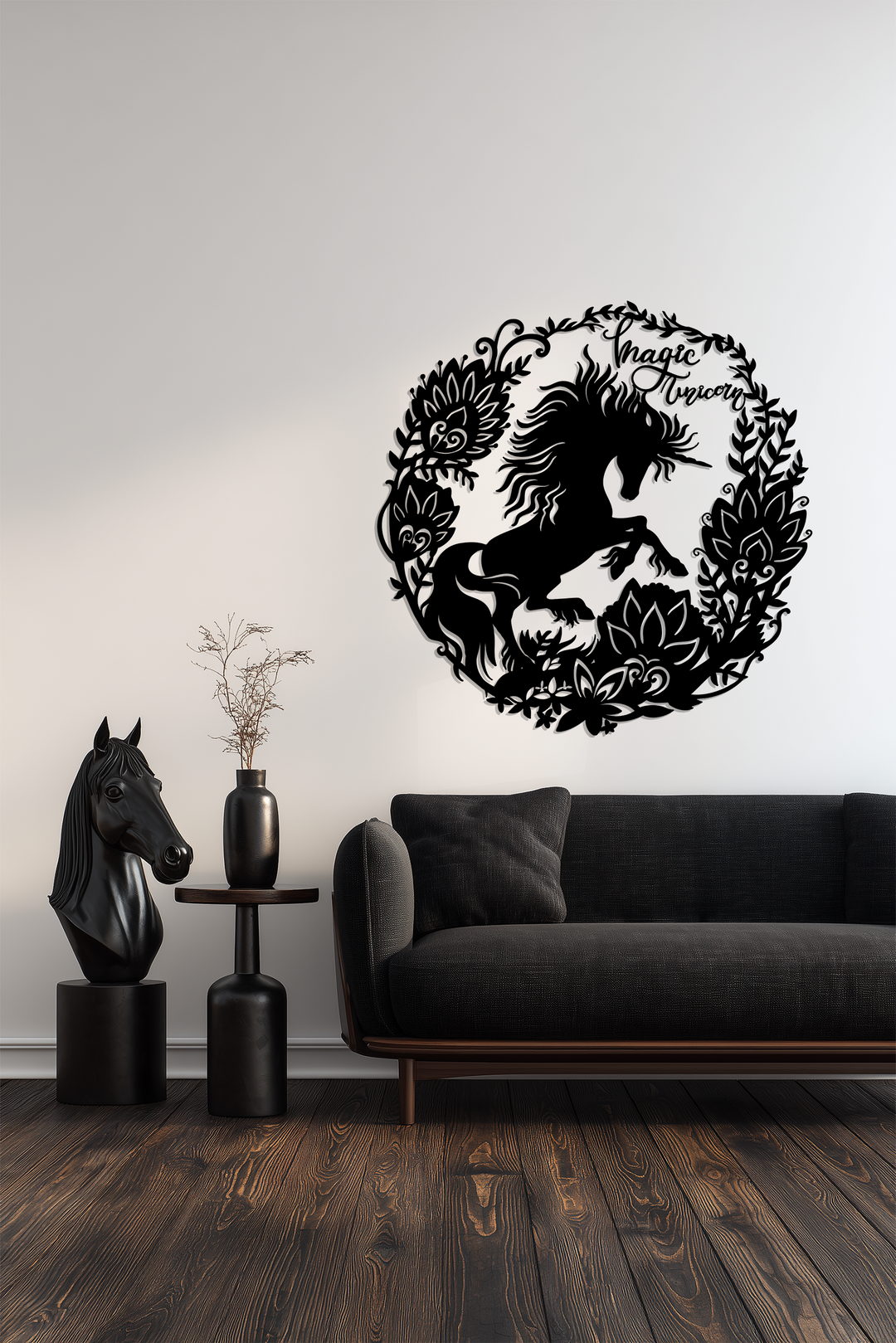 Highlighting the layering effect, this round black metal artwork features a magic unicorn and floral wreath, exemplifying unique metal artwork through its intricate design.