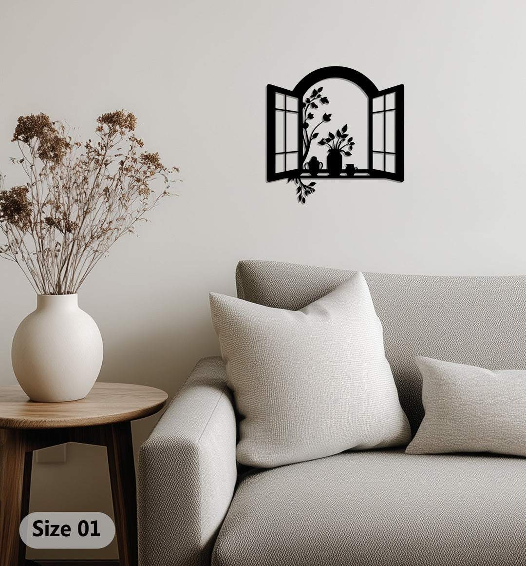 Window Frame with Flower Pots – Elegant Metal Wall Art