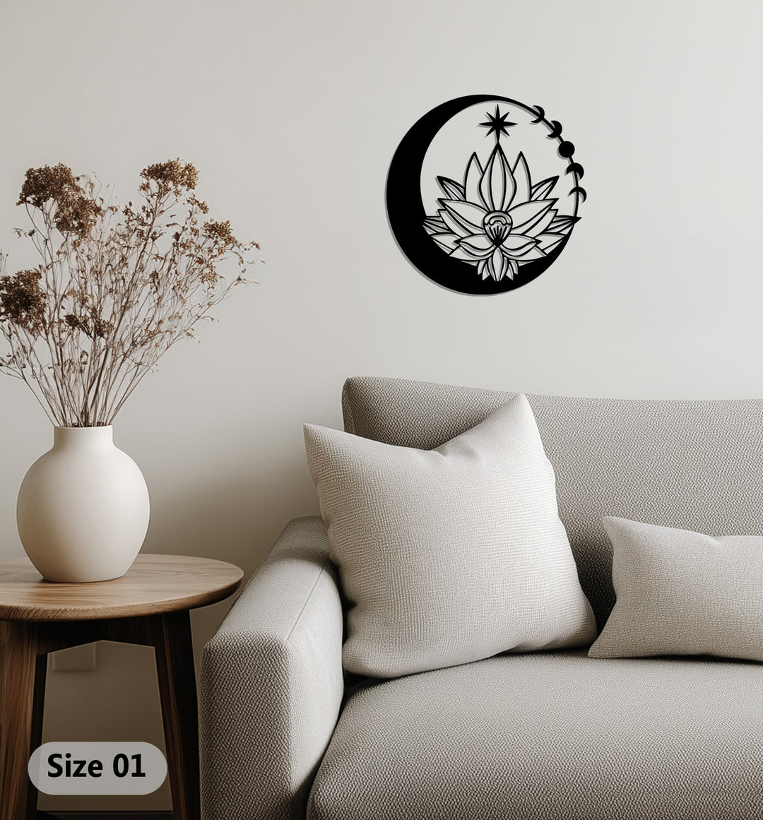 Lunar Blossom – Moon and Lotus Flower Metal Wall Art
