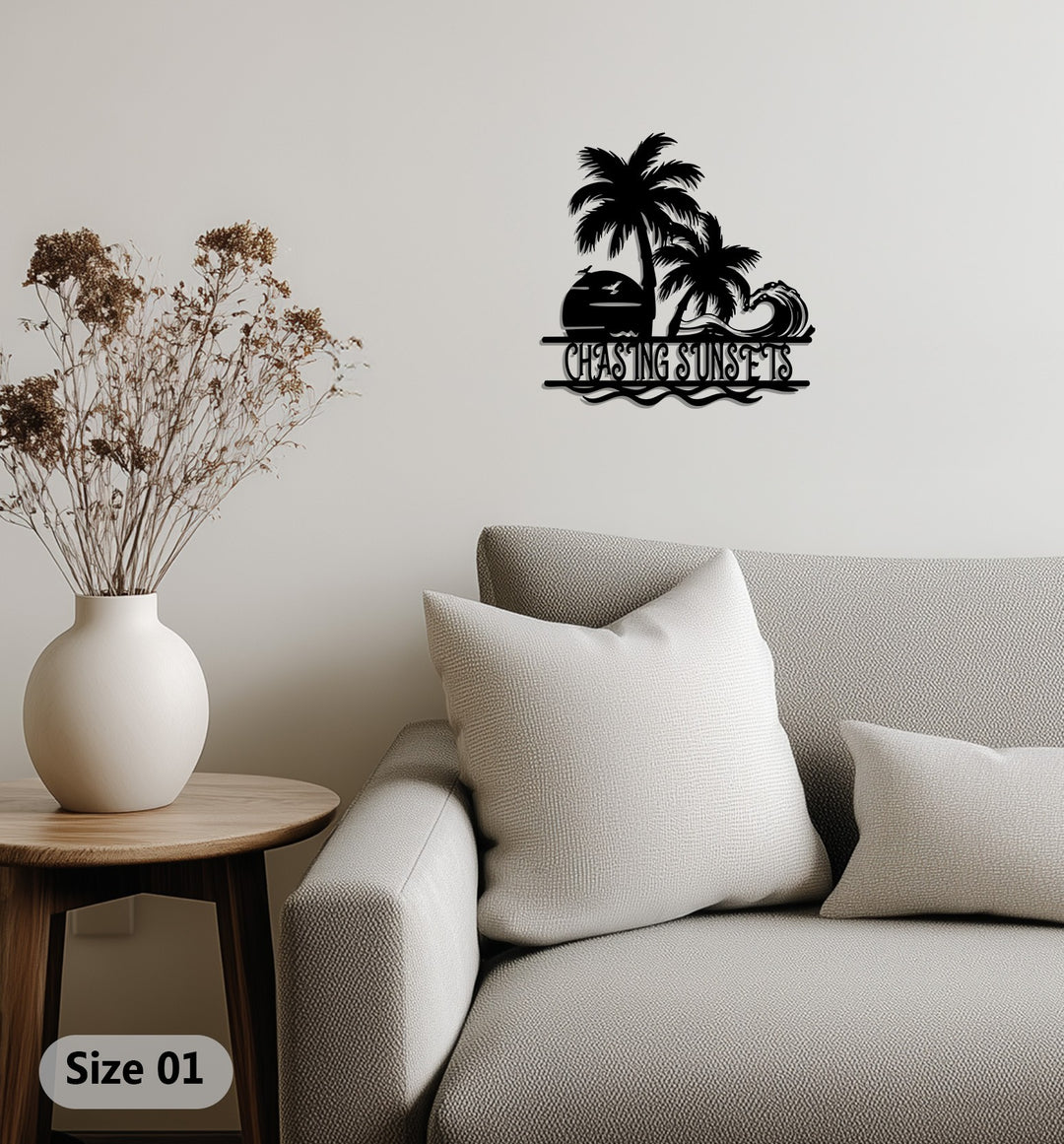 Chasing Sunsets Metal Wall Art – Palm Tree & Ocean Wave Design
