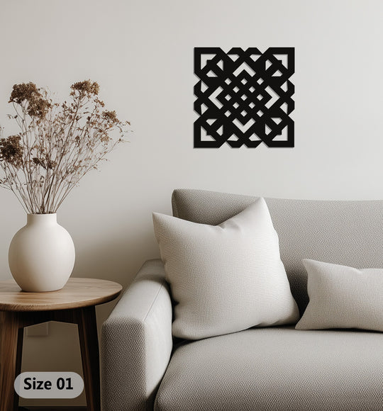 Negative space defines the geometric maze pattern in this modern metal artwork, offering a unique perspective on this bold, laser-cut metal wall art.