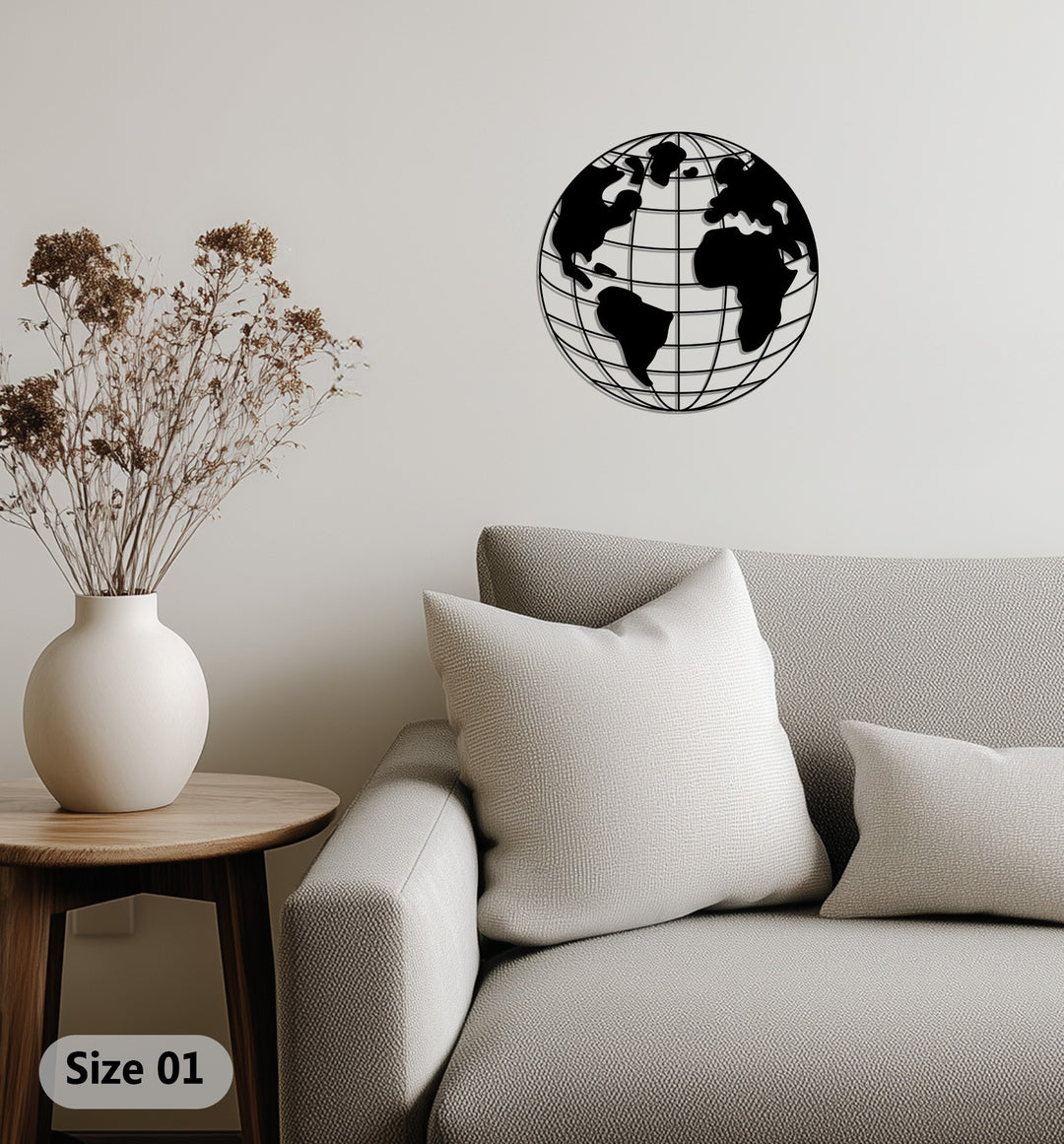 Black globe grid metal wall art
