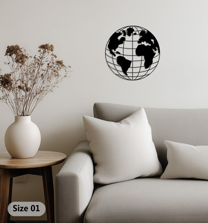 Black globe grid metal wall art