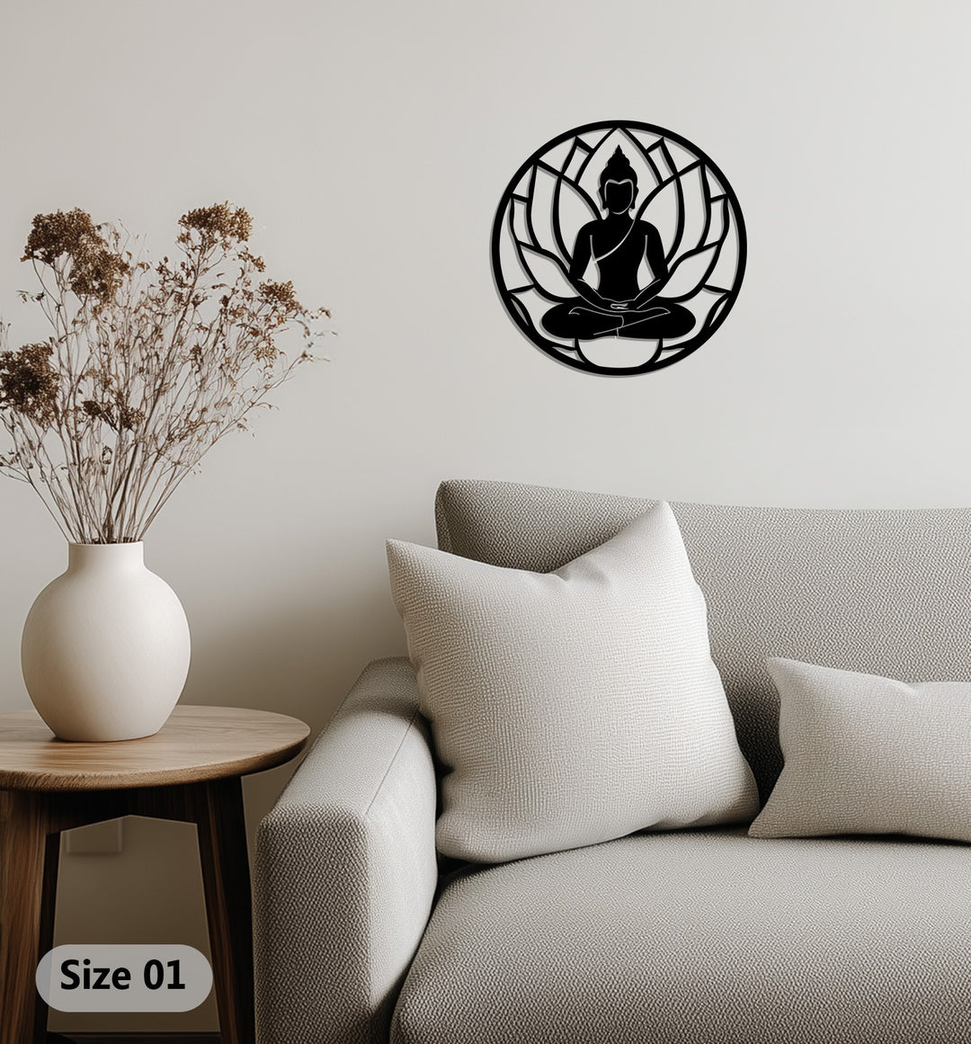 Lotus Buddha black metal wall sculpture for yoga studio