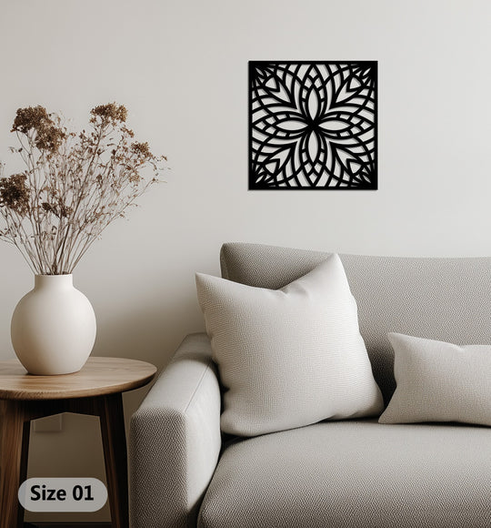 Visual rhythm is created by the repeating floral mandala, making this metal artwork a bold and symmetrical wall art home decoration.
