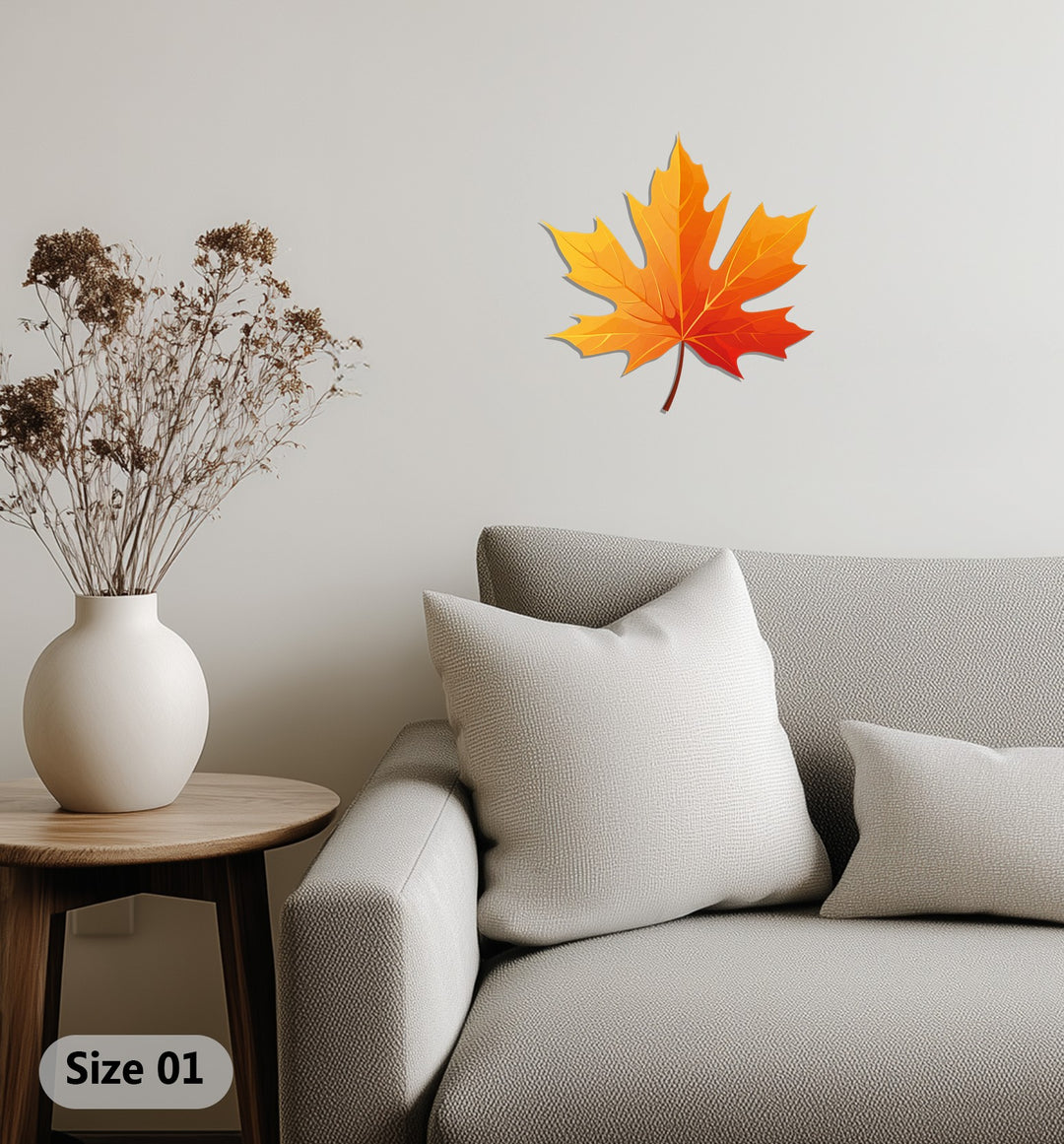 Warm color temperature radiates from the golden and red hues of this autumnal maple leaf metal decoration wall art, creating a cozy fall atmosphere.