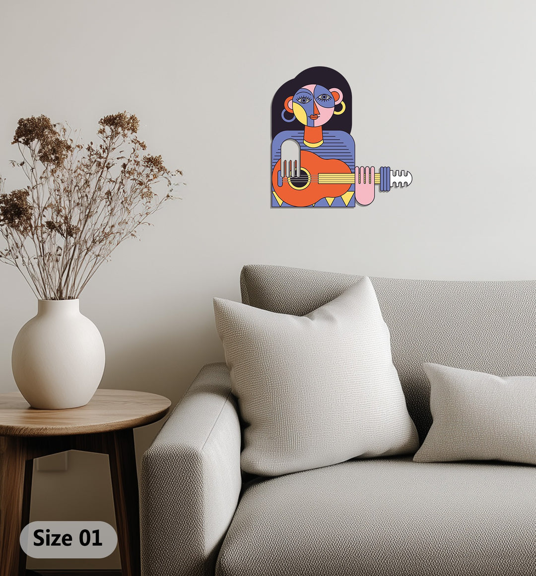 Cubist Woman with Guitar Metal Wall Art – Modern Abstract Music Decor