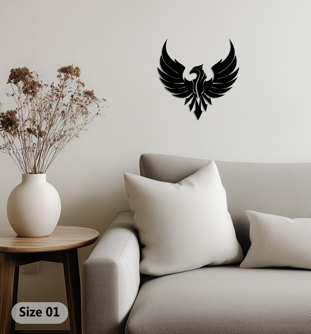 Phoenix metal wall art with rising flame design