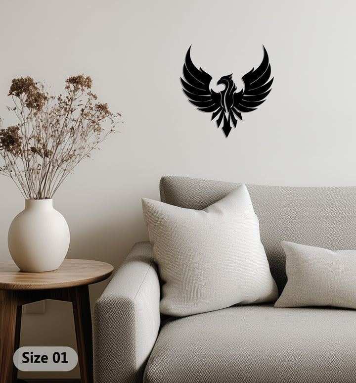 Phoenix metal wall art with rising flame design