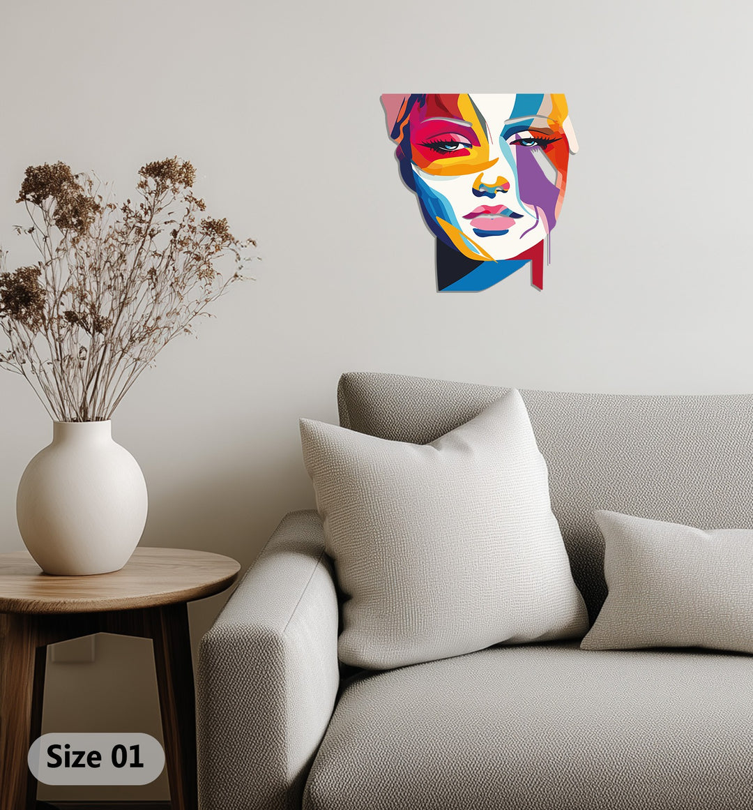 Abstract multicolor woman face metal artwork for stylish interiors
