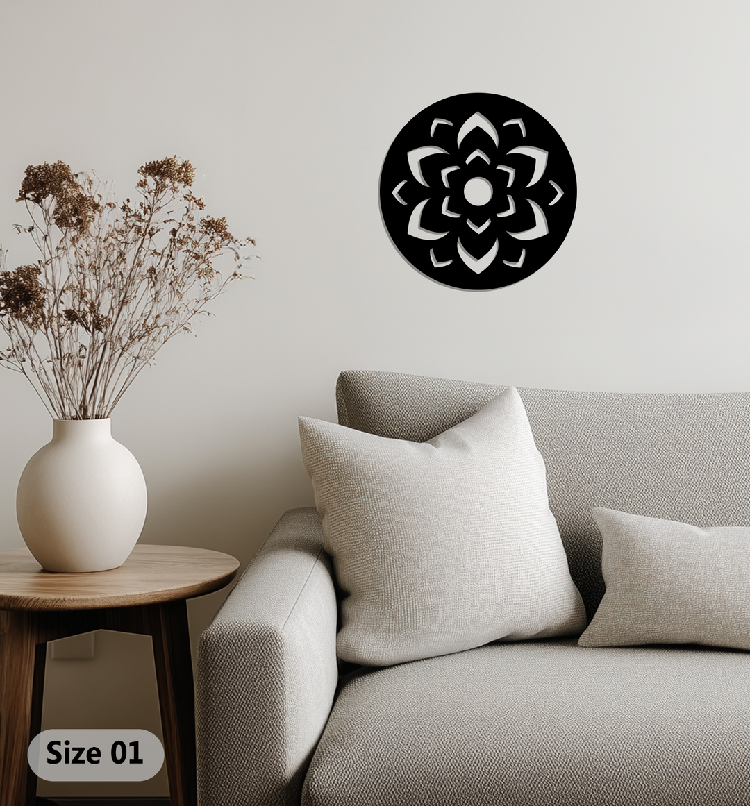 Lotus Mandala Pattern Round Black Metal Wall Art