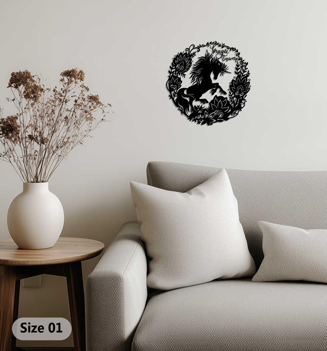 Intriguing interplay of light and shadow defines this black metal decoration wall art, showcasing a magic unicorn within a floral wreath.