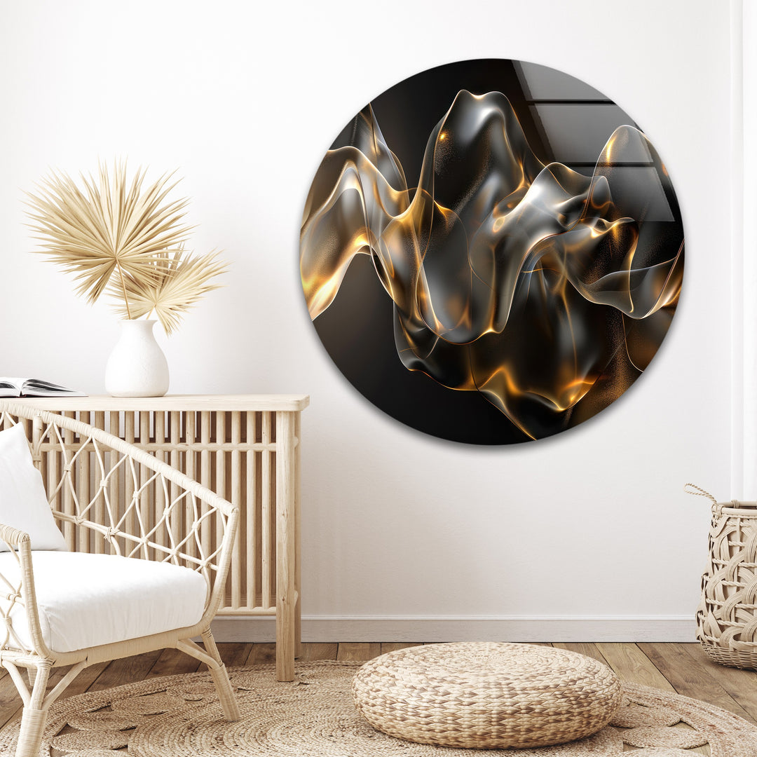 Golden Ember Veil – Abstract Smoke Wave Glass Wall Art