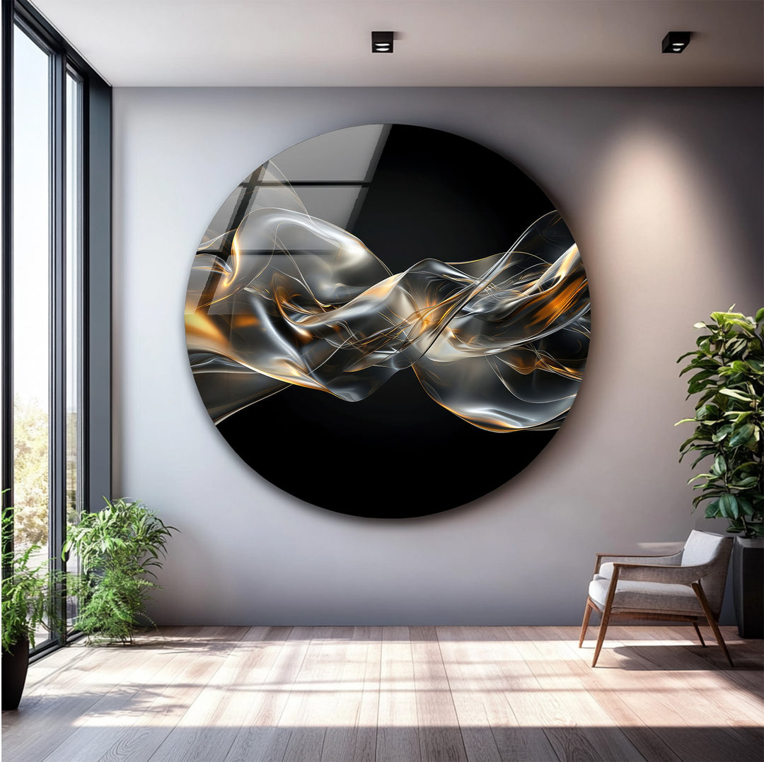 Midnight Ember Drift – Abstract Smoke Gold Glass Wall Art
