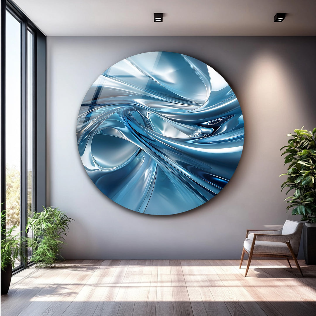 Azure Liquid Motion – Abstract Chrome Blue Glass Wall Art