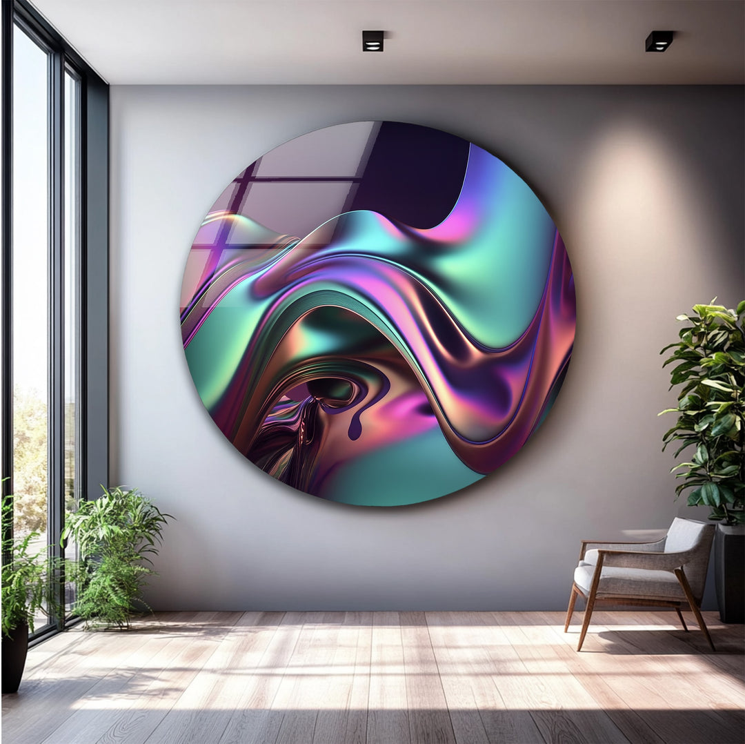 Iridescent Wave Mirage – Neon Chrome Flow Glass Wall Art