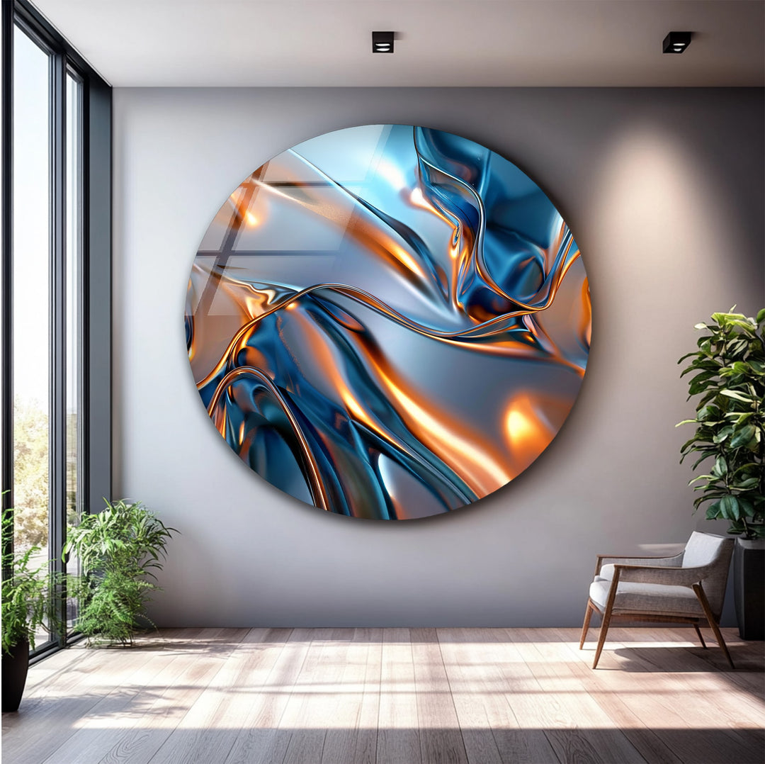Aurora Metal Flux – Abstract Blue & Copper Chrome Glass Wall Art