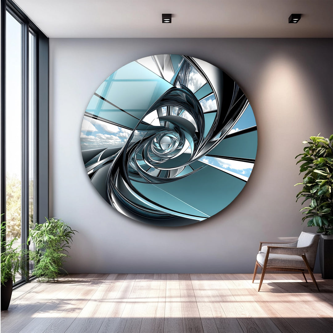 Aero Spiral Gateway – Futuristic Chrome Tunnel Glass Wall Art