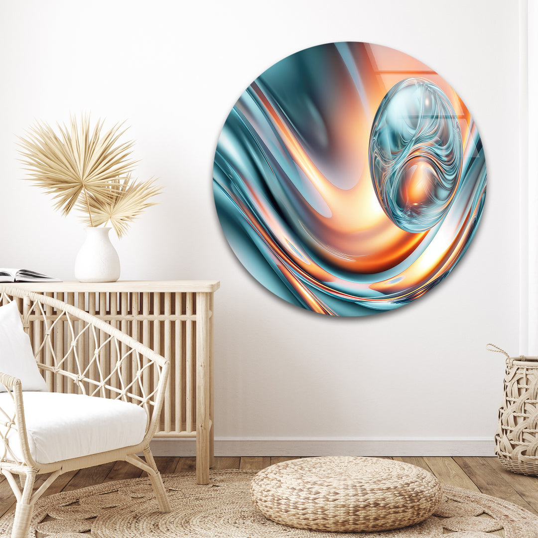 Aqua Ember Orb – Abstract Chrome Wave Glass Wall Art