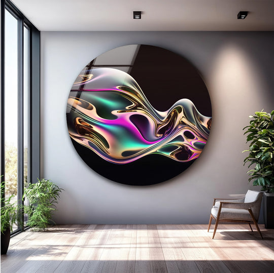 Iridescent metallic wave on a black background, part of best glass art with vibrant neon and pink tones.