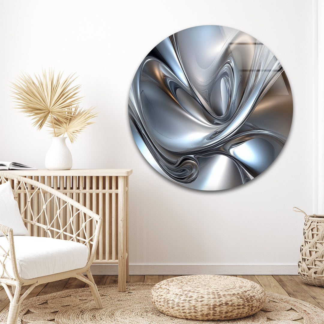 Polar Chrome Drift – Abstract Silver Fluid Glass Wall Art