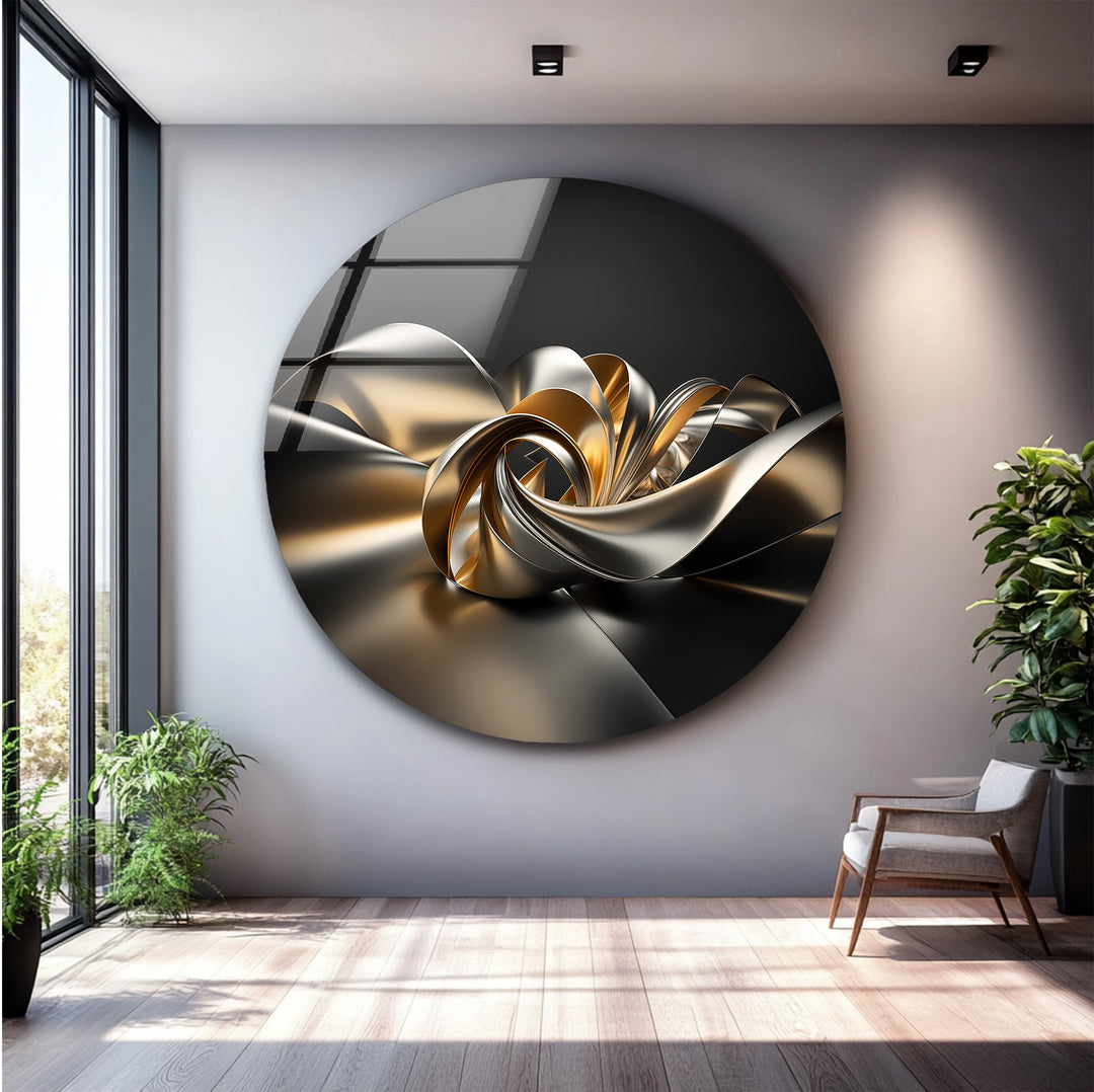 Golden Helix Flow – Abstract Metallic Ribbon Glass Wall Art