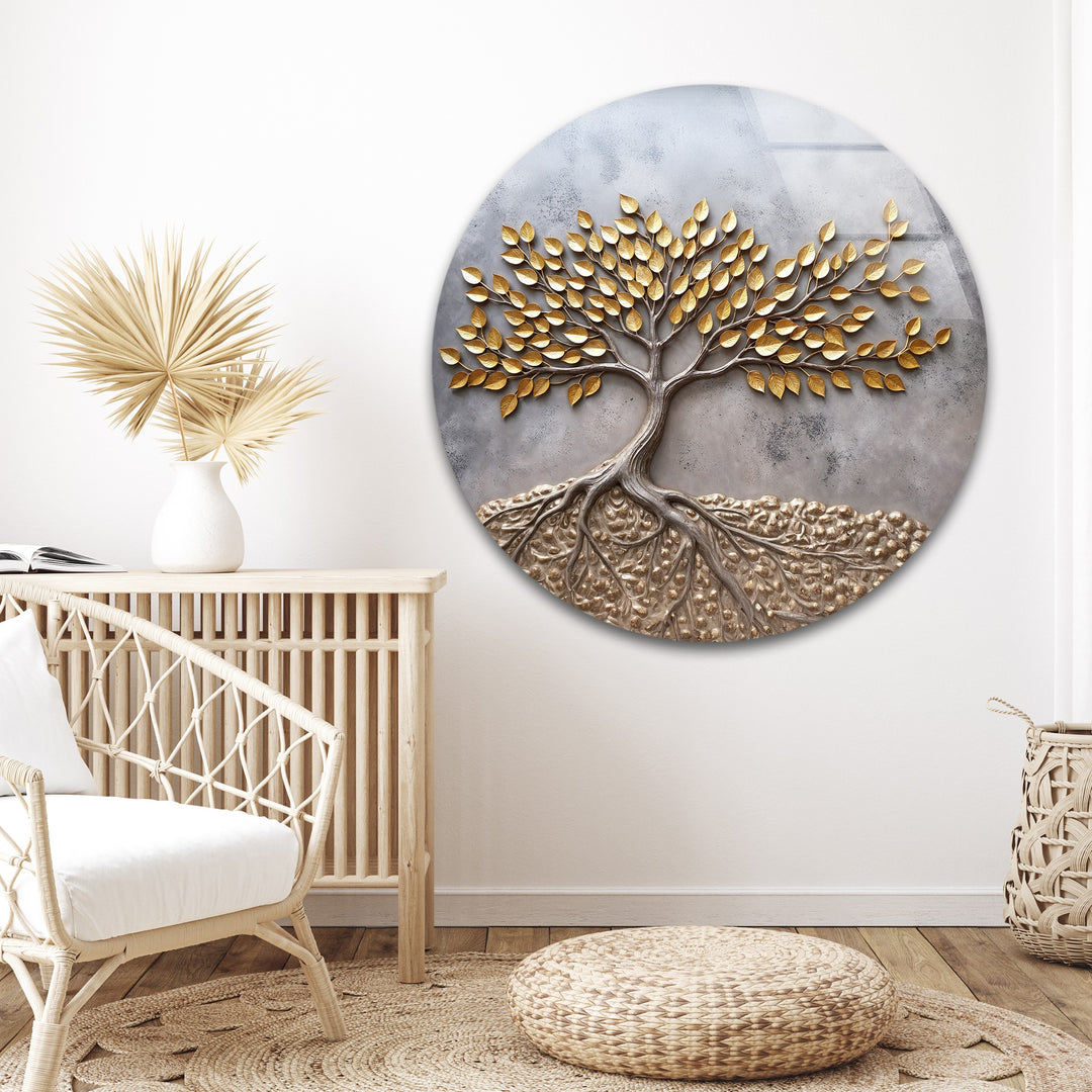 Eternal Roots Gold Harmony – Luxury Tree of Life Glass Wall Art