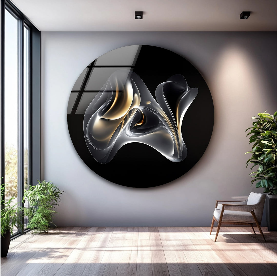 Ethereal Ember Veil – Abstract Smoke Gold Glass Wall Art