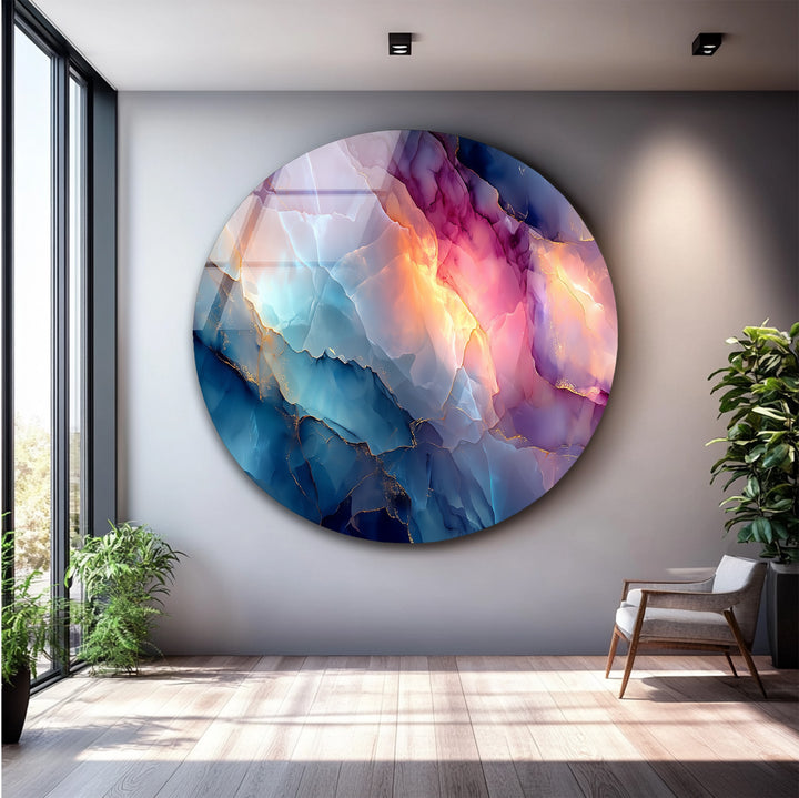 Deep blue and vibrant pink hues dominate this stunning abstract marble glass wall art decor with intricate gold veins.