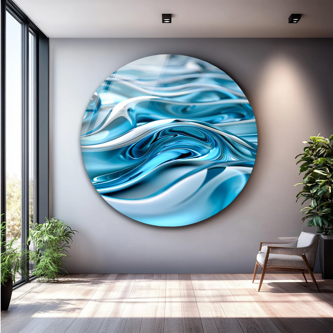 Arctic Wave Flow – Abstract Blue Chrome Fluid Glass Wall Art