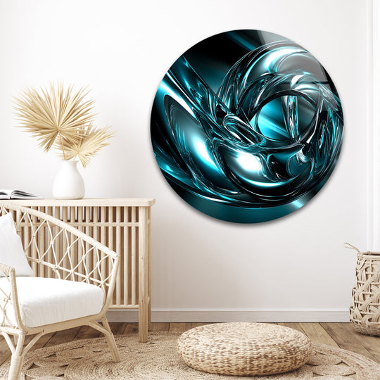 Teal and chrome seamlessly blend in this abstract metallic motion glass wall art, a unique modern wall decor with a captivating color transition.