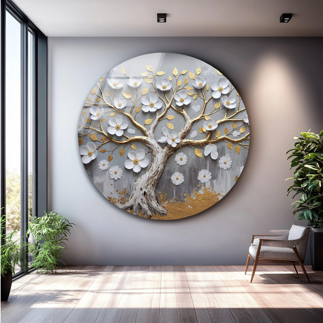Golden Blossom Tree – Elegant Floral Relief Glass Wall Art