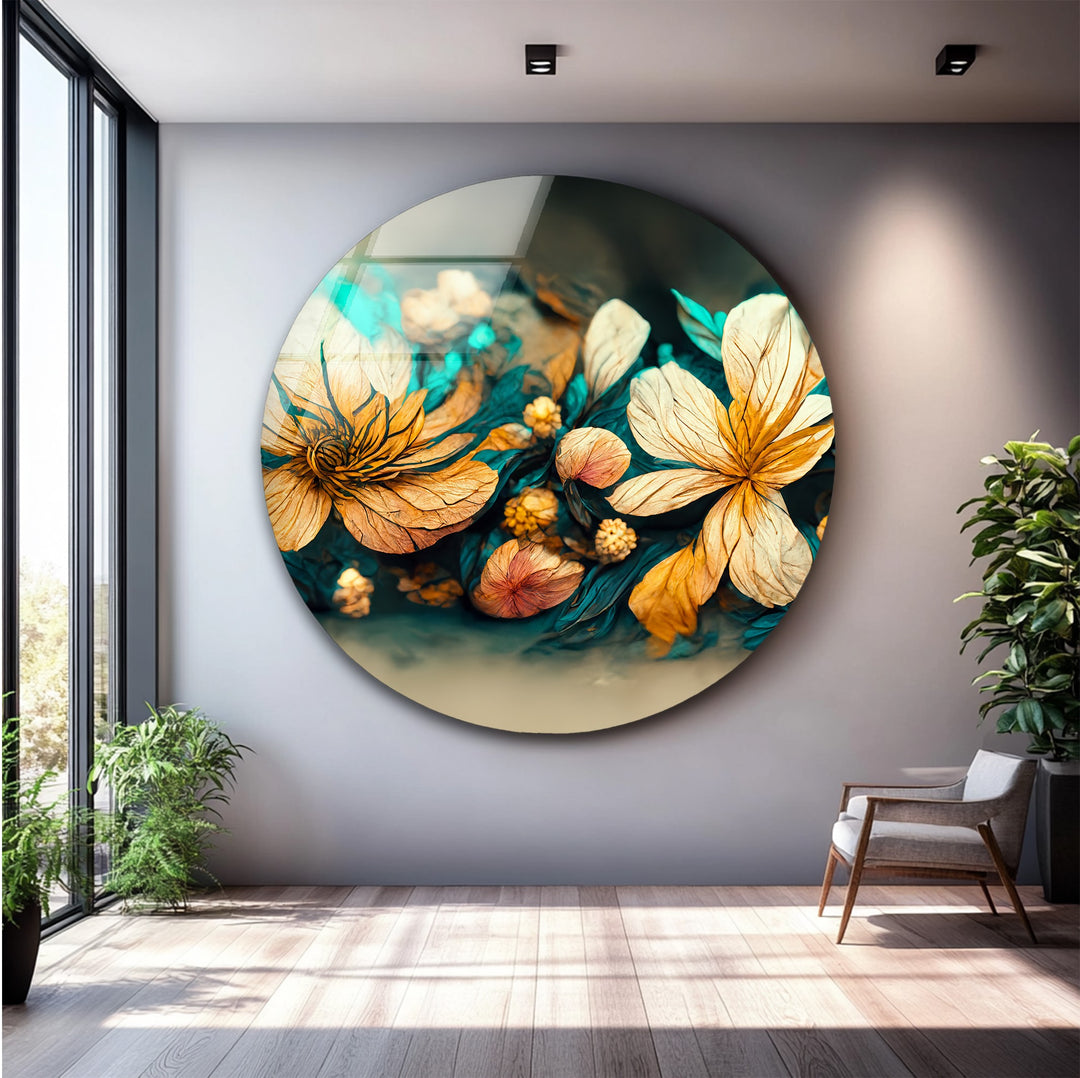 Golden Petal Bloom – Artistic Floral Fantasy Glass Wall Art