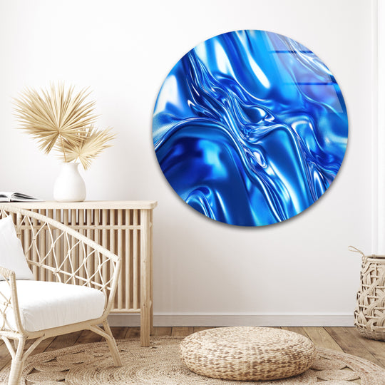 Cobalt fluid mirage glass art displays shimmering sapphire waves of light and shadow, creating a dynamic, chrome effect.