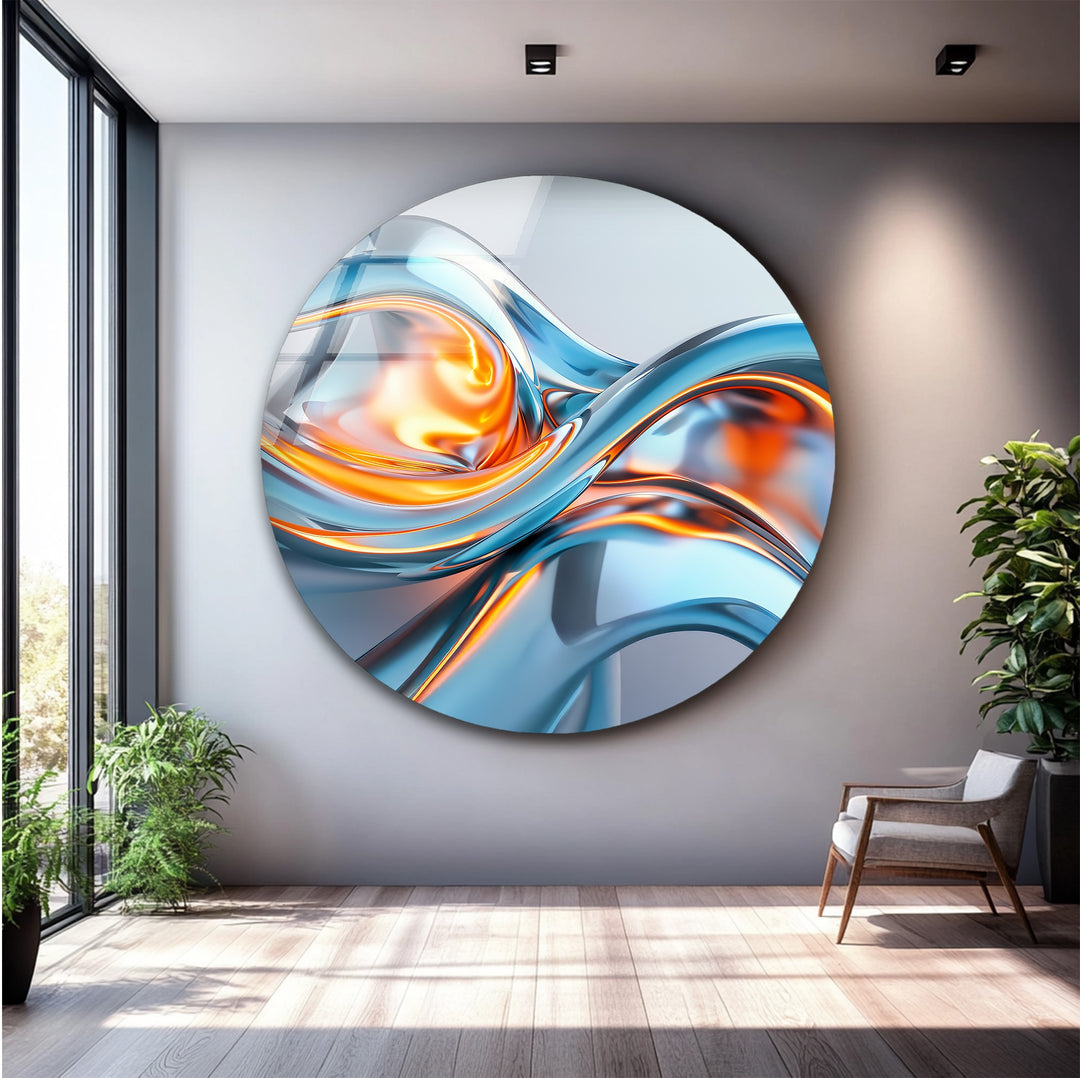 Solar Frost Fusion – Abstract Blue & Orange Chrome Glass Wall Art